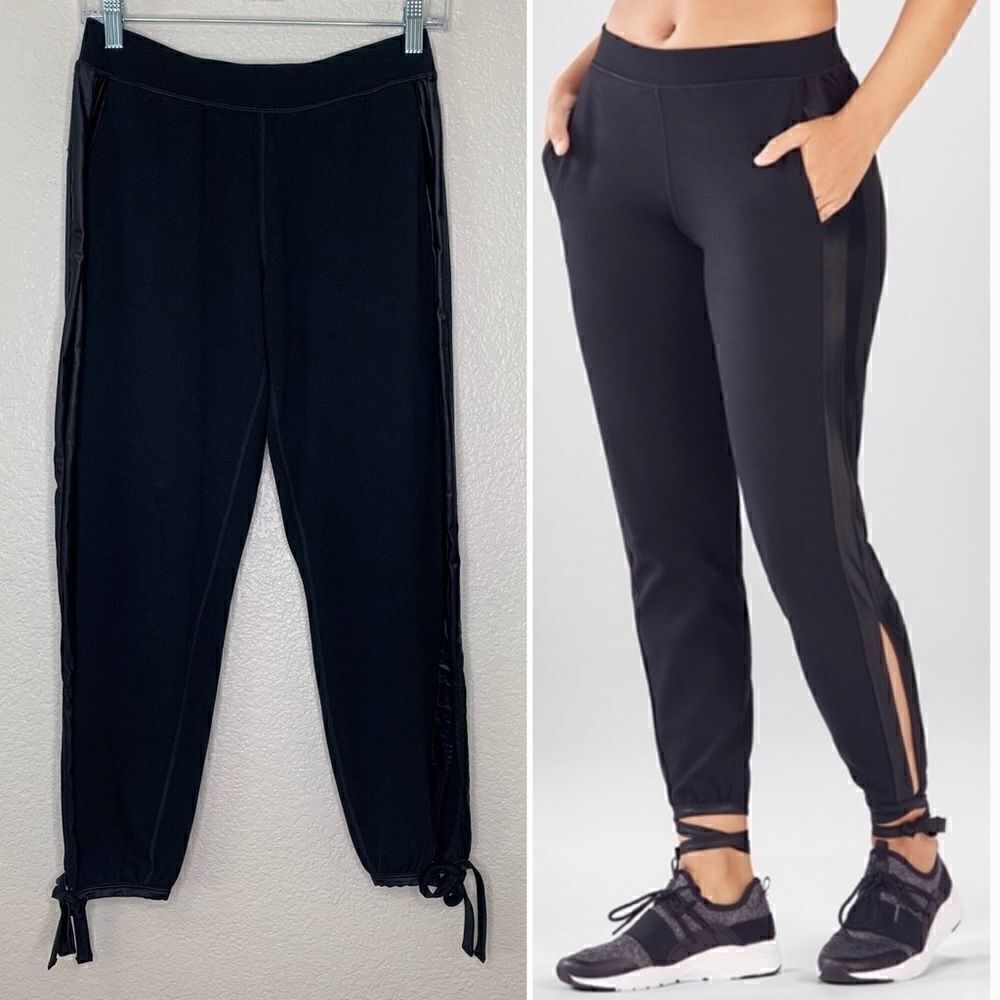 Fabletics Athletic Black Kara Ankle Tie Satin Stripe Jogger Pants, Size XS